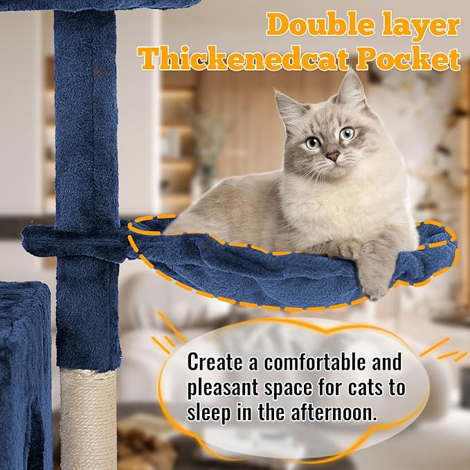 FDW 37.8 inch Cat Tree Cat Tower for Indoor Cats with Scratching Posts,Multi-Level Cat Furniture Activity Center Stand House Cat Condo Modern Cat Tower with Hanging Cradle & Funny Toy,Navy Blue