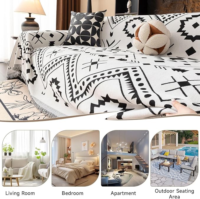 VClife Southwestern Tribal Sofa Cover Bohemian Black White Aztec Geometric Pattern Couch Cover Furniture Protector with Tassel Fringe 3-Seater Couch Cushion Cover 71" X 134"