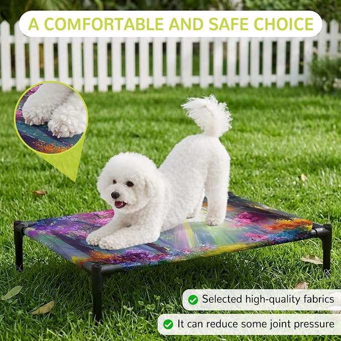 Outdoor Elevated Dog Bed for Large Dogs, Spring Tree Breathable Cooling Raised Dog Cot for Indoor/Outdoor, Forest Sunbeams Floral Botanical Waterproof Elevated Pet Beds, L 28 x 22 in