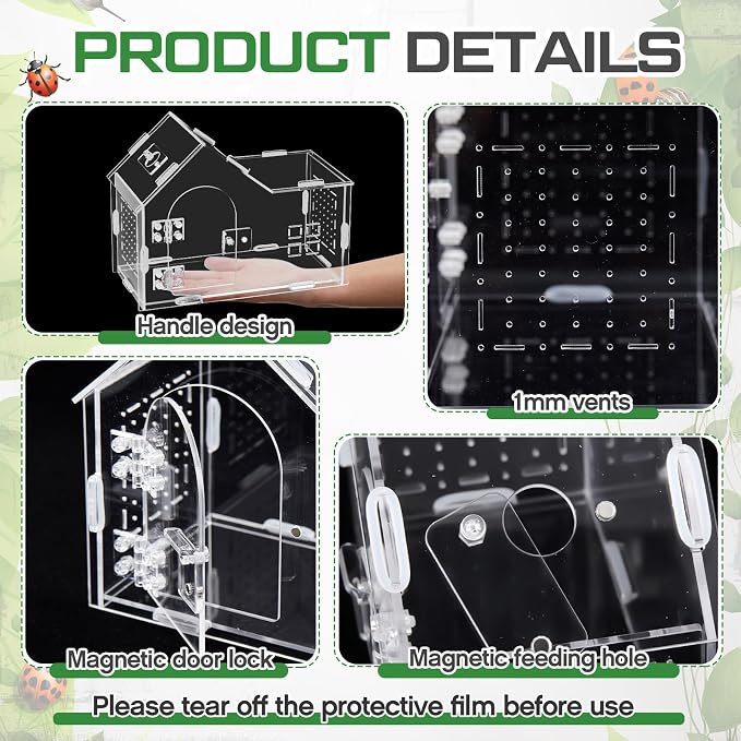 Teenyyou 9.45 x 7.3 x 4.7 Inches Extra Large Jumping Spider Enclosure Acrylic Tarantula Enclosure Reptile Habitat with Handle and Magnetic Door for Reptiles, Amphibians and Spiders