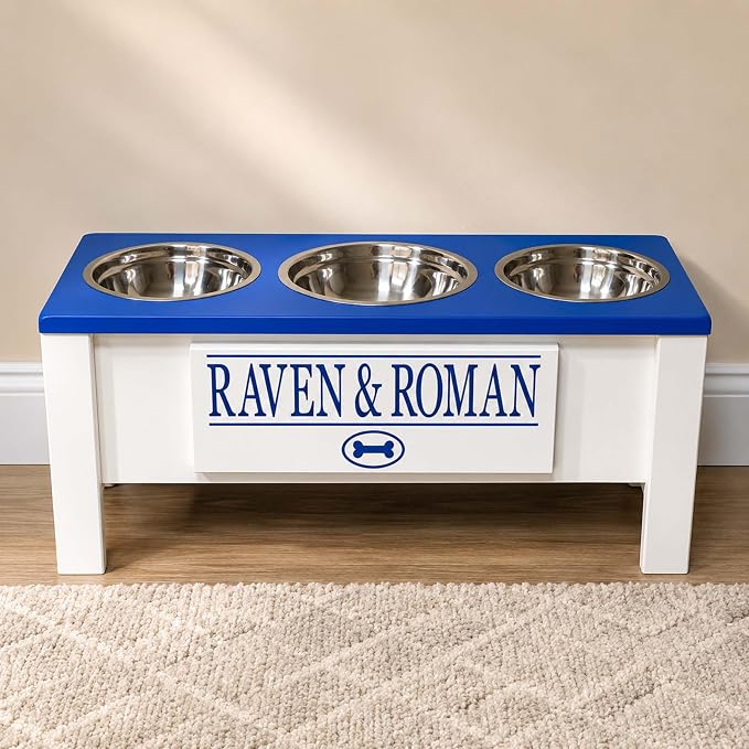 3 Bowl Dog Feeding Station, Personalized Triple Bowl Food Stand Large Dogs | Farmhouse Style, Elevated Wood Stand, Storage Container, Stainless Steel Bowls, Raised Feeder, Large Breed, Made in USA