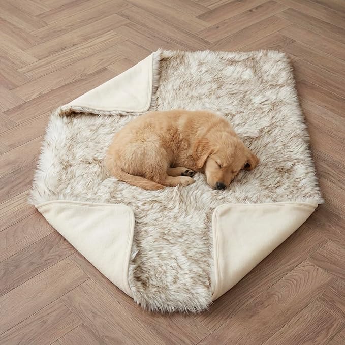 Waterproof Dog Blanket for Small, Medium & Large Dogs – Faux Fur Pet Throw for Couch, Sofa, Bed & Car – Soft, Washable, Stain-Resistant, Durable Cover – White w/Brown Tips – 40" x 30"