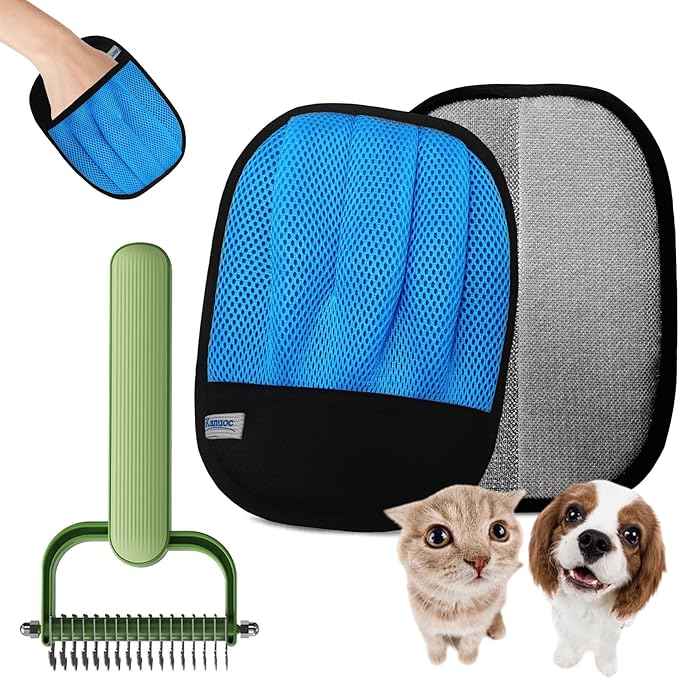Pet Hair Removal Glove for Cats & Dogs, Five-Finger Electrostatic Reusable Magic Brush, Pet Hair Remover Tool on Carpet, Clothing, Laundry, Couch, Car Seat, with Pet Double-Sided Deshedding Brush-2Pcs