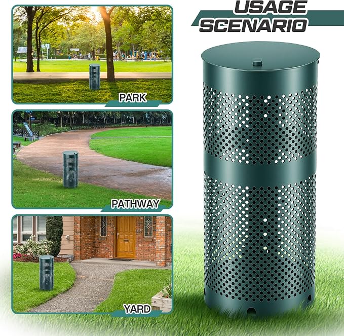 Dansydaisy Round Outdoor 8 Gallon Capacity Trash Can with Lid for Dog Waste Station - Rust Free UV Powder Coated - Designed to Mount on Any Post or Wall (Green)