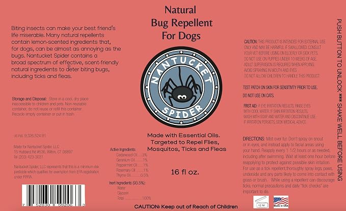 Nantucket Spider Natural Bug Repellent for Dogs | DEET-Free with Organic Essential Oils | Repels Mosquito, Flies, Ticks and Fleas | Non-Greasy Insect Spray with Thyme Oil | Large Size - 16 fl oz