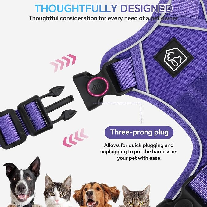 Heavy Duty Tactical Dog Harness for Small Dogs, No Pull Dog Harness with Handle & Front Clip, Reflective Soft Padded, Hook and Loop Panel, Dog Vest for Walking, Service Training, Purple