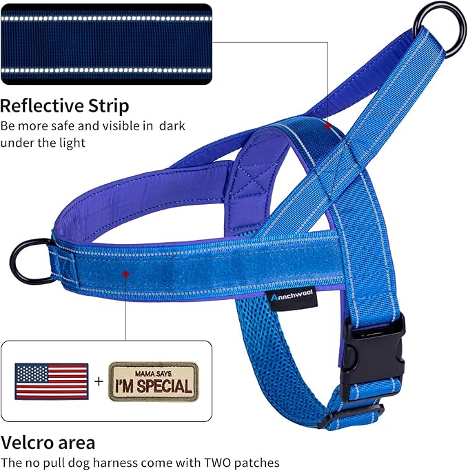 Annchwool No Pull Dog Harness with Soft Padded Handle,Reflective Strip Escape Proof and Quick Fit to Adjust Dog Harness,Easy for Training Walking for Small & Medium and Large Dogs(Blue,XL)