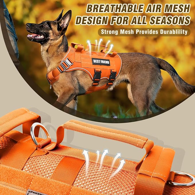 Air Mesh Tactical Dog Harness with Metal Buckles&MOLLE,Orange M | Breathable Adjustable No Pull Service Dog Vest with 3 Padded Handles,Military Dog Harness for Training Hiking Hunting Working