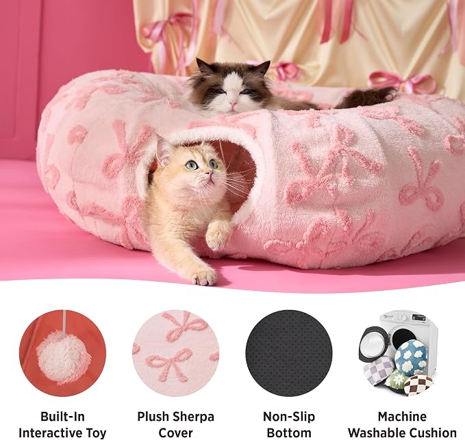 Lesure Donut Cute Jacquard Large Cat Tunnel Bed Kitten Toys for Dog Bunny | 39.5x39.5x10in,Round Large Cat Bed Tube for Multi Kittens,Pet Peekaboo Cave Toy,Spiral Hideaway,Washable Cushion,Pink Taffy
