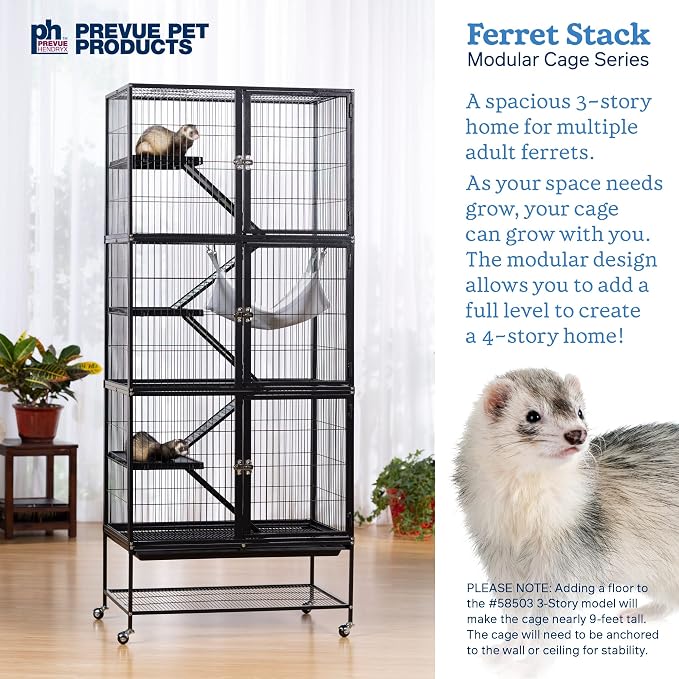 Prevue Pet Products Ferret Stack Six Story Ferret Home - Portable Stand, Escape Proof Lock, Includes Hammock & Ramps, Expandable Six Story Cage Stacking System with Wheels - Black