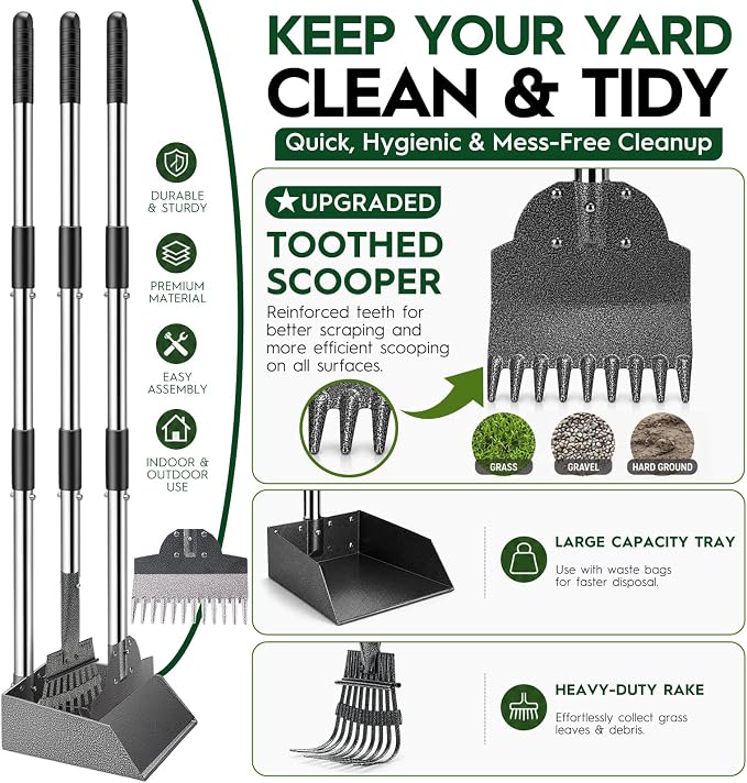 Dog Pooper Scooper for Large Dogs，9.1" X9.5"，Oversized Tray，pooper scooper | Free with two extension rods，Reduce the frequency of garbage trips，for Large, Medium, Small Dogs