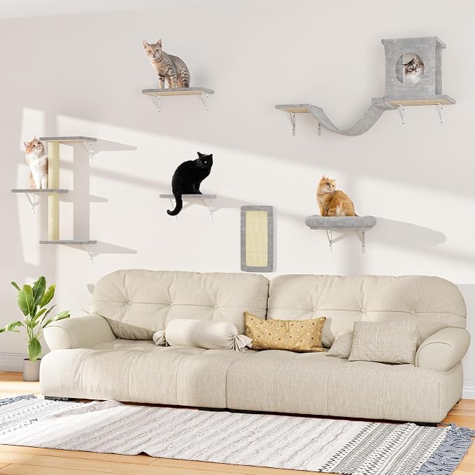 12-in-1 Cat Wall Shelves, Wall Mounted Cat Climber with Condo House, Scratching Post, Bridge Ladder, Space-Saving Indoor Play Furniture for Kittens, Gray