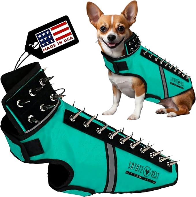 CoyoteVest SpikeVest Dog Harness, Made in the USA, S-Turquoise | Stab-Resistant Protective Vest | Coyote Vest for Dogs | Defends Against Coyotes, Dogs, Birds of Prey | Reflective Safety