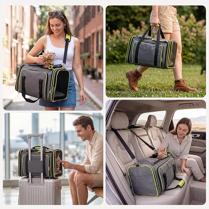 Large Expandable Cat Carrier, Airline Approved with Ventilated Top Side Panels, Durable Chew-Resistant 600D Fabric, for Cats and Small Dogs, Car Airplane Travel, Green