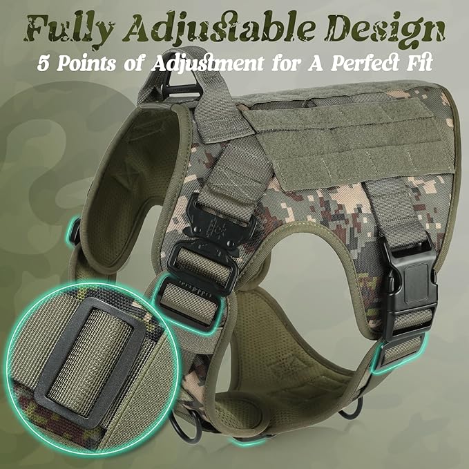 rabbitgoo Tactical Dog Harness for Large, Heavy Duty Military No Pull Vest | Sturdy Metal Buckles, 5 Adjustments, Molle System, Powerful Pullers for Training, Hunting, Outdoor, Green Camo, Large