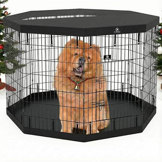 PJYuCien Dog Playpen - 8 Panels 42 inchH Metal Foldable Exercise Pen, Pet Fence Puppy Crate Kennel Indoor Outdoor with Top Cover & Bottom Pad for Medium Large Pets Black…