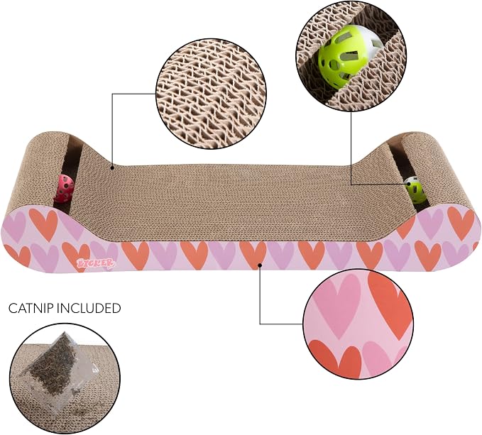 Rini 23.75" Modern Corrugated Cardboard Lounge Bed with Built-in Bell Toys and Catnip, Ergonomic Curved Sofa Scratcher for Indoor Cats, Mint/Green CSR1003E