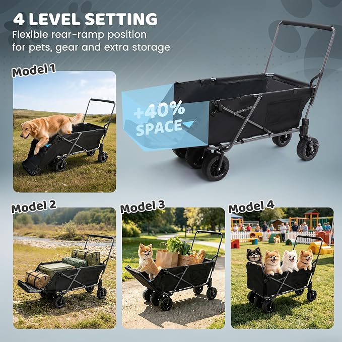 REDCAMP Folding Dog Wagon with Canopy, 150lbs Dog Stroller with 6 Wheels | Collapsible Utility Cart with 17.3" Extendable Ramp for 2 Medium Dogs Large Dog, All-Terrain Wheels with Brake for Senior Pet