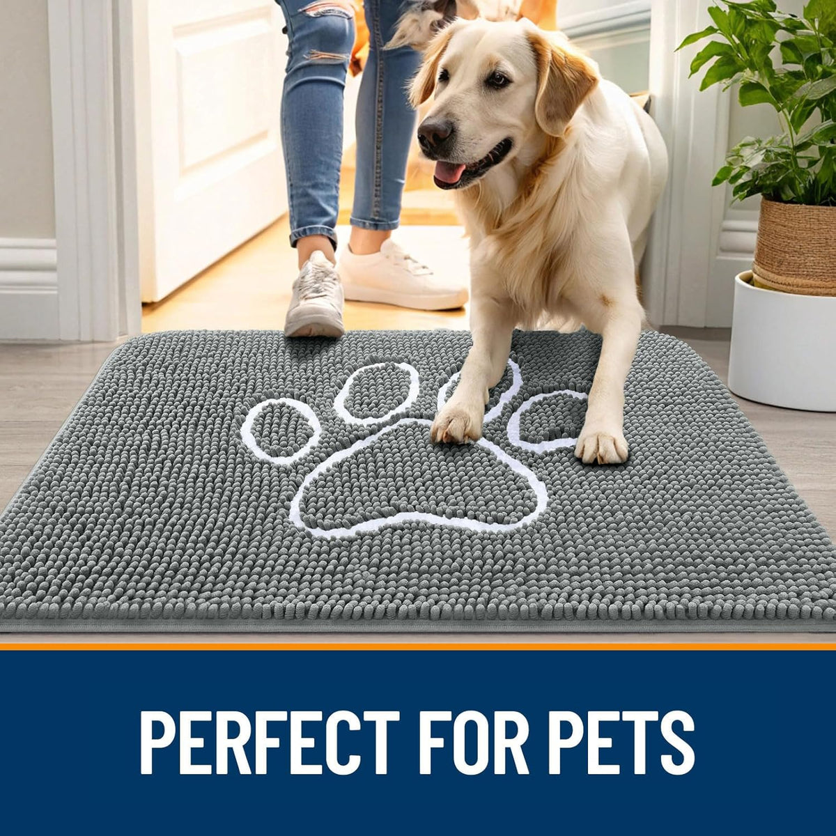 OLANLY Door Mat for Muddy Dog Paws 36x24, Absorbent Chenille Mud Doormat with Paw Print Design, Non-Slip Washable Doormat for Indoor Entryway, Quick-Dry Pet Bed Mats for Dirty Dogs, Grey and White