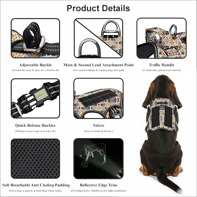 Homapet. Tactical Dog Harness with Dual Leash Attachment Points, Adjustable and Reflective Military Grade Dog Vest with Comfort Control Handle (Floral, M)