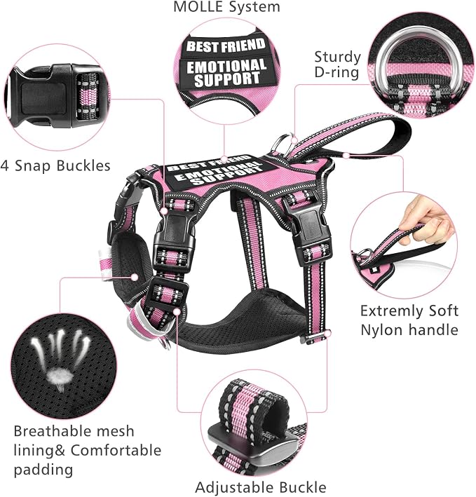 Service Dog Vest No Pull Dog Harness with 7 Dog Patches, Reflective Pet Harness with Durable Soft Padded Handle for Training Small, Medium, Large, and Extra-Large Dogs (Small, Pink)