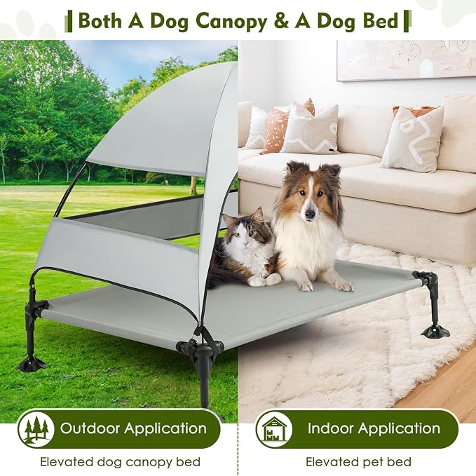 Elevated Outdoor Dog Bed with Canopy Raised Dog Cot with Shade Large Dog | Outdoor Dog Bed with Removable Wider Shade & Stable Anti-Slip Feet for Camping Raised Dogs Cot for Large Pets