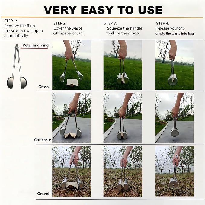 13.5" Stainless Steel Metal Pooper Scooper for Small Dog | Heavy Duty, Very Easy to Use, One-Hand Operation, For Yard & Outdoor Walks, Works on Grass, Gravel, Concrete