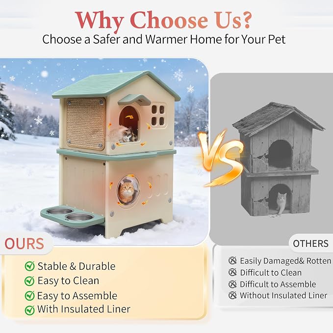 Insulated Cat House Outdoor Plastic Cats Shelter Outside with Cat Bowls | Weatherproof, Durable Plastic, with Elevated Cat Bowls, Cat Scratch Pad , Escape Door, 2-Story, Waterproof ,for Multiple Cats