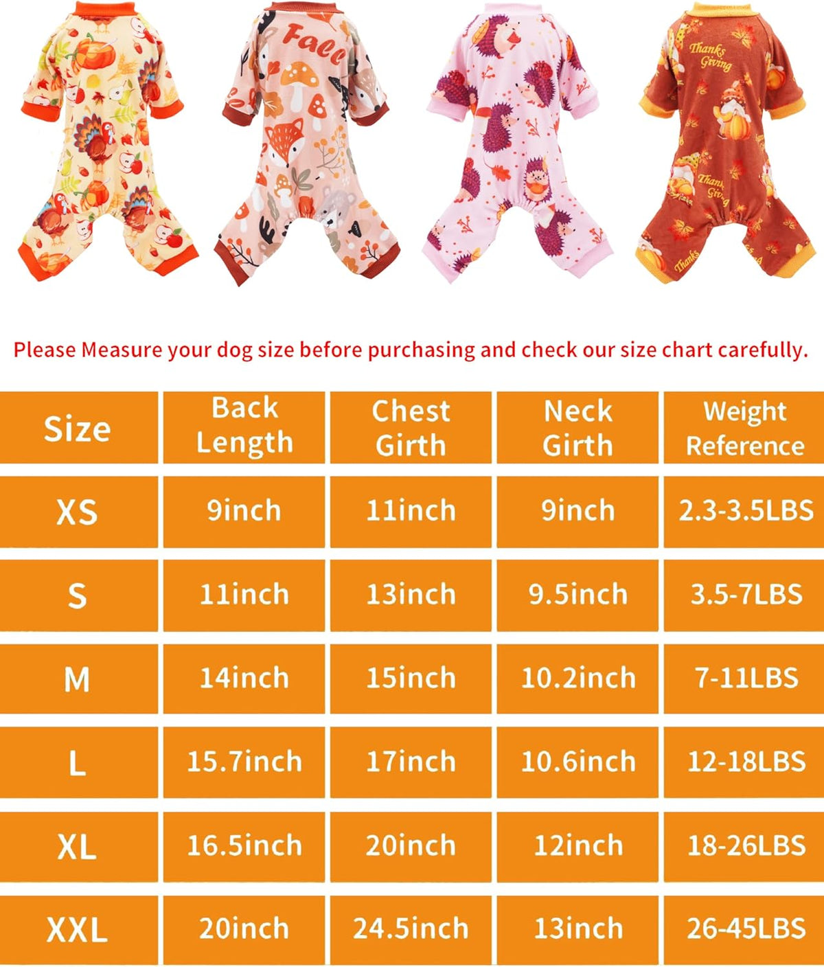 PET SHOW 4 Pack Fall Small Dog Pajamas Thanksgiving Clothes Doggies Girl Boy Soft Stretchy PJs Autumn Jumpsuit Puppy Cats Onesies Outfits with Sleeve Pets Dachshund Costume S