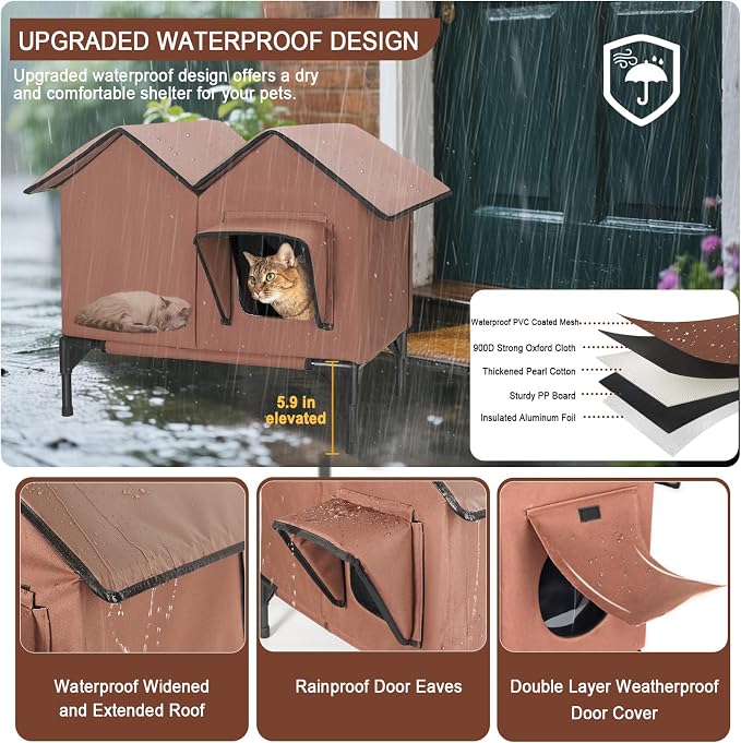 Heated Cat House, Large Heated Outdoor Cat House Weatherproof for Winter, Elevated Waterproof Insulated Cat Houses for Outdoor Cats, Comfortable and Warm Feral Cat Shelter (Tan)