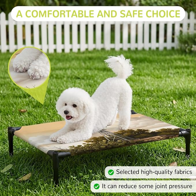 Outdoor Elevated Dog Bed for Large Dogs, Windmill Breathable Cooling Raised Dog Cot for Indoor/Outdoor, Sunset Horizon Farmhouse Trees Waterproof Elevated Pet Beds, L 28 x 22 in