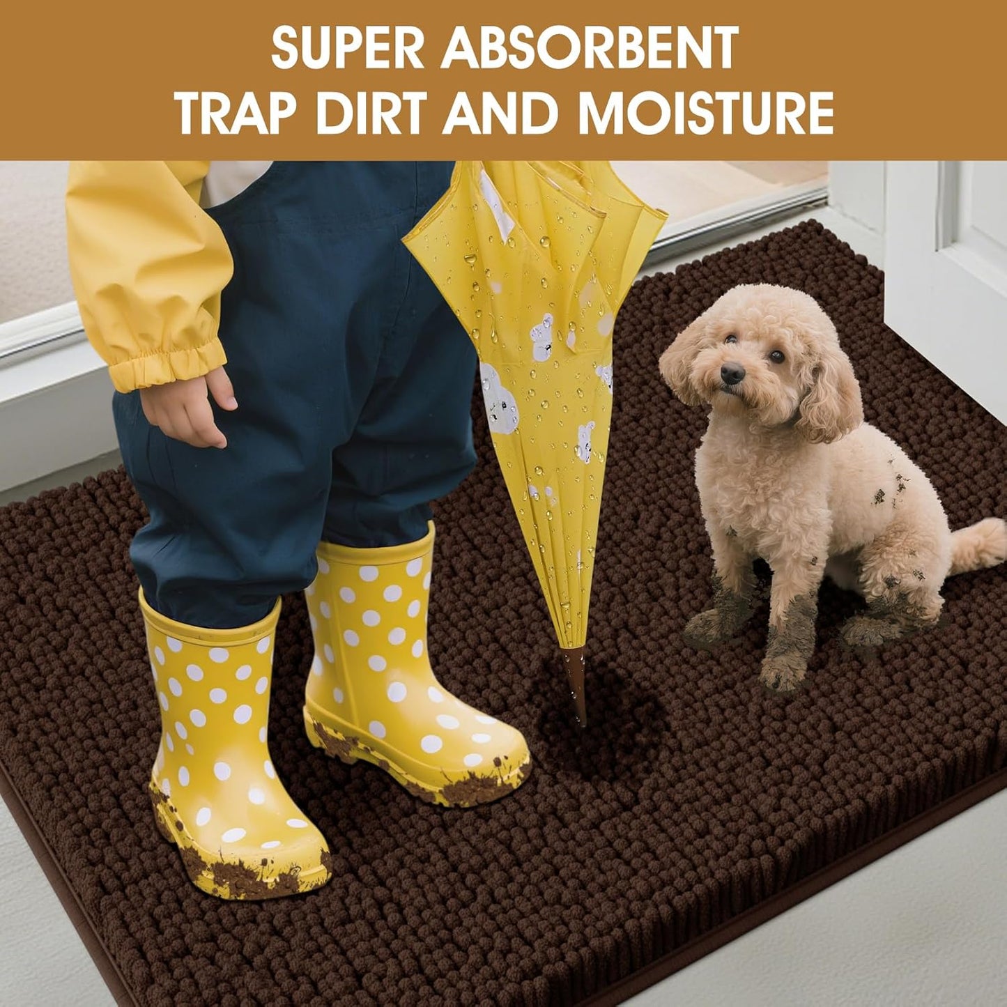 Extra Large Dog Door Mats for Muddy Paws, Chenille Absorbent Dog Mats, Non Slip Heavy Mud Mat for Dogs, Soft Pet Mat for Entryway, Mud Paws, Inside Floor,71" x 25", Brown