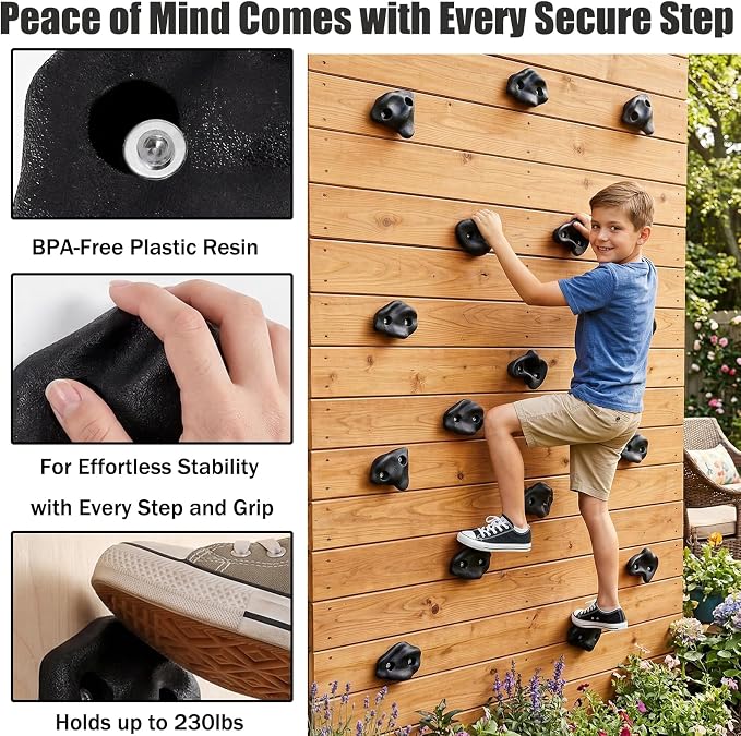 ZENFUN 18 Pc Rock Climbing Holds, Indoor & Outdoor Rocks Wall Climbing Kit, Black Rock Climb Holds Playground Play Set, Multi-Shape Climbing Rock Wall Grips with Mounting Hardware