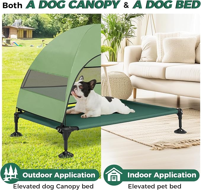 Outdoor Elevated Dog Bed with Canopy for Large Dogs, Green, L | Breathable Raised Cot with Shade, Tool-Free Setup for Patios, Backyards and Camping