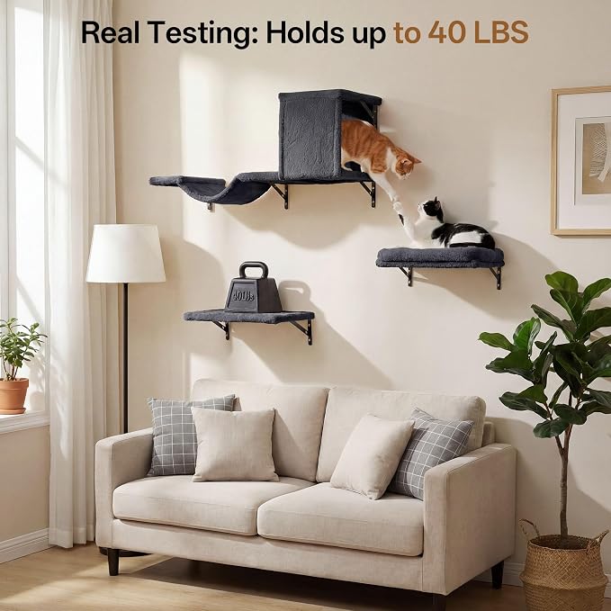 MEWANG 5-in-1 Cat Wall Shelves: Cat Climbing Furniture with Wall Mounted Perch & Lounge for Indoor Cats, Space-Saving Wall Pet Shelves for Play & Rest - Grey
