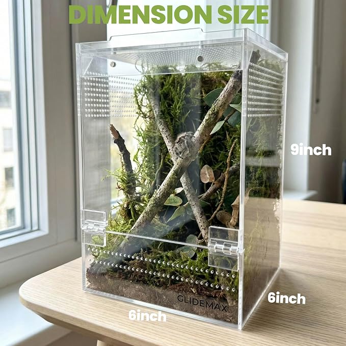 Jumping Spider Enclosure, Acrylic Tarantula Enclosure, 6x6x9 Inch Insect Terrarium with 2 Magnetic Doors, Pre-Assembled Reptile Habitat for Gecko, Mantis, Snail, Lizard, Frog, Hermit Crab, Hatchlings
