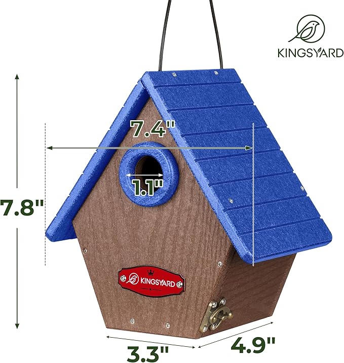Kingsyard Recycled Plastic Bird House for Outdoors - Hanging Nesting Box with Predator Guard & Air Vents for Wren Finch Chickadee, Blue