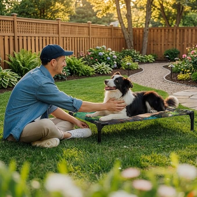 Outdoor Elevated Dog Bed for Medium Dogs, Wooden Bridge Pond Breathable Cooling Raised Dog Cot for Indoor/Outdoor, Spring Floral Fish Waterproof Elevated Pet Beds, M 24 x 20 in