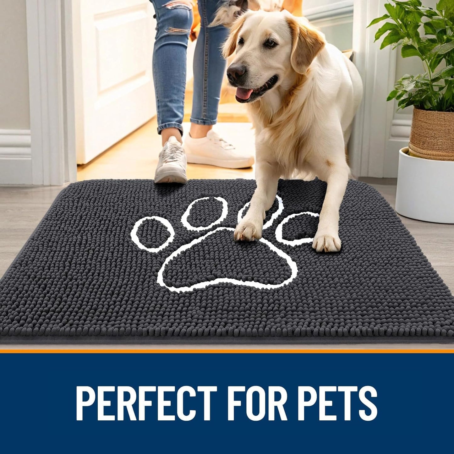 OLANLY Door Mat for Muddy Dog Paws 30x20, Ultra Absorbent Chenille Mud Doormat with Paw Print Design, Non-Slip Washable Doormat for Indoor Entryway, Quick-Dry Pet Bed Mats for Dirty Dogs, Dark Grey