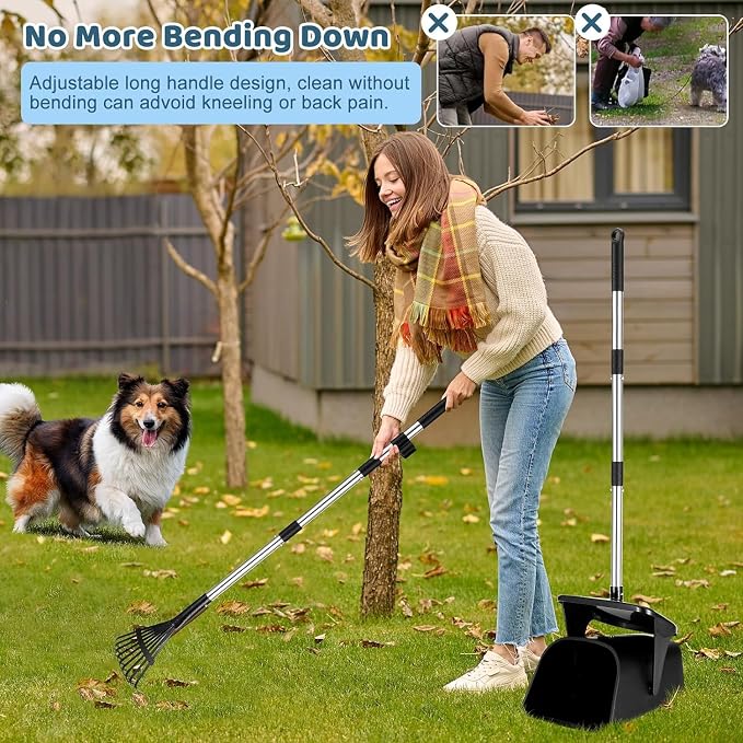 2pcs Heavy Duty Dog Pooper Scooper with 40 Bags, Long Handle Swivel Bin & Rake Spade for Large Medium Dogs, Pet Waste Removal for Yard Grass Gravel, Easy to Clean