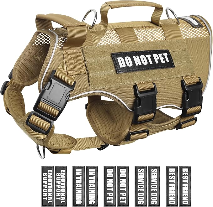 Tactical Molle Vest Mesh Dog Harness with 10 Removale Pet Patches | Breathable Service Dog harness with Double Soft Padded Handle for Large Dog, Reflective Military Pet Vest for Walk Hiking