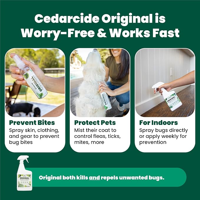 Cedarcide Original Bug Spray | Repel & Kill Fleas, Ticks, Mosquitoes, Mites, Ants & Chiggers | For use on People, Pets & Home | Natural Cedar Oil | Eco-Friendly | 8 Oz