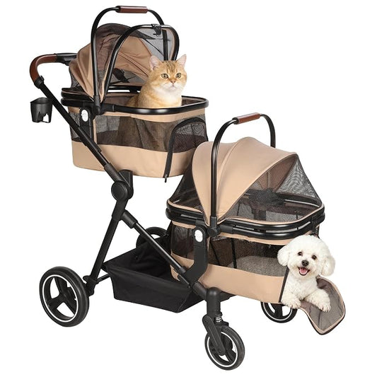 Foldable Double Pet Stroller for 2 Small Medium Cats Dogs | Convertible single/double | Detachable carriers | All-terrain wheels & shock | Safety brakes & tether | Breathable oxford