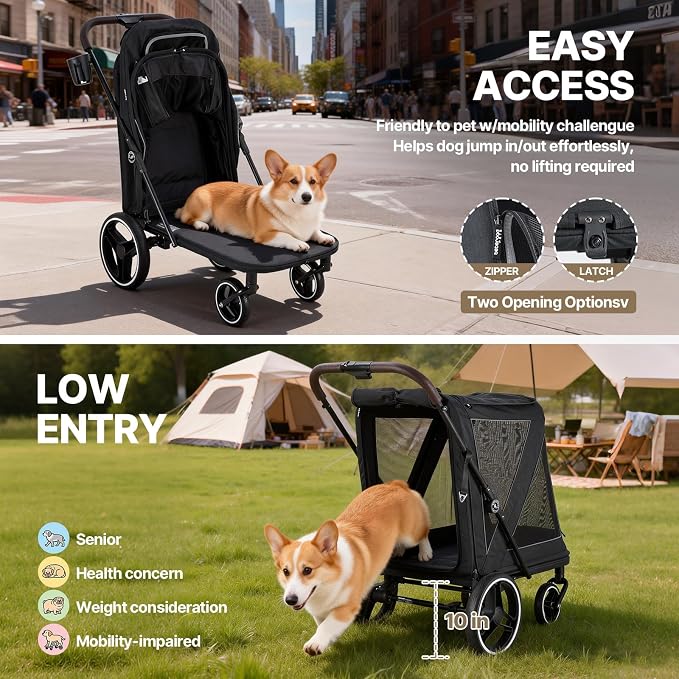 Beberoad Pet Stroller for Medium Dogs, Dog Stroller One-Second Fold, R7 All-Terrain with ER Tires, Mesh Dual-Window, Full Disassembly&Washable Waterproof Oxford Fiber