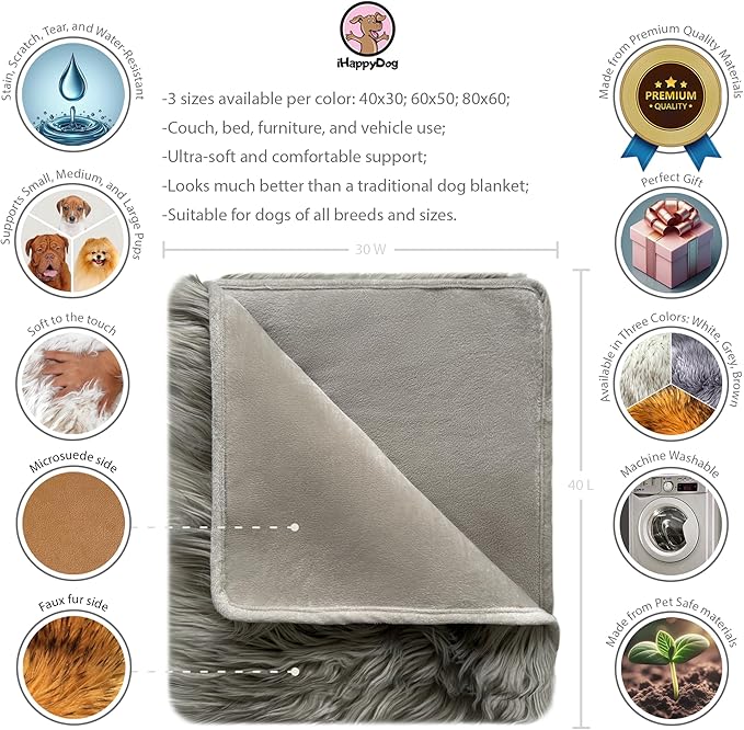 Waterproof Dog Blanket for Small, Medium & Large Dogs – Faux Fur Pet Throw for Couch, Sofa, Bed & Car – Soft, Washable, Stain-Resistant, Durable Cover – Grey – 40" x 30"