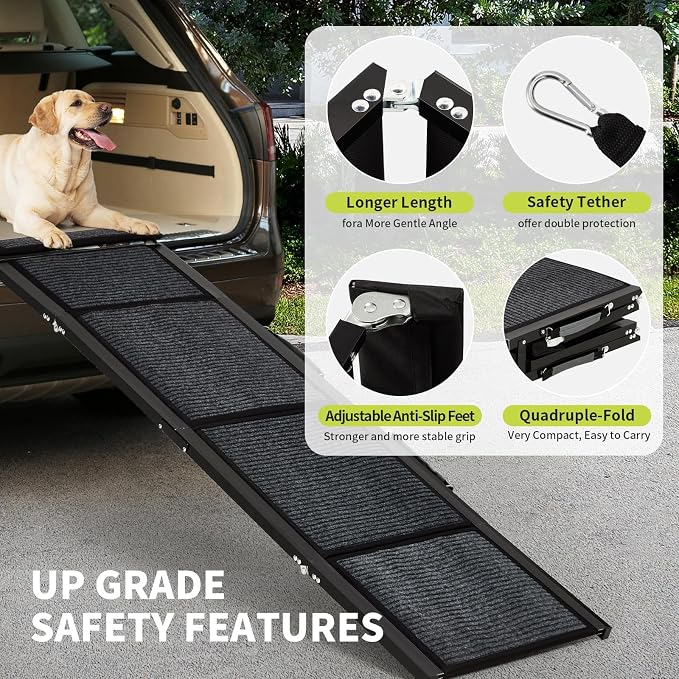 GarveeLife 63 in Long Dog Ramp for Cars, 20 in Wide Folding Pet Ramp for Large Dogs with Non-Slip Surface Portable Dog Car Ramp for SUV Car & Truck, Outdoor Dog Ramp Up to 250 LBS