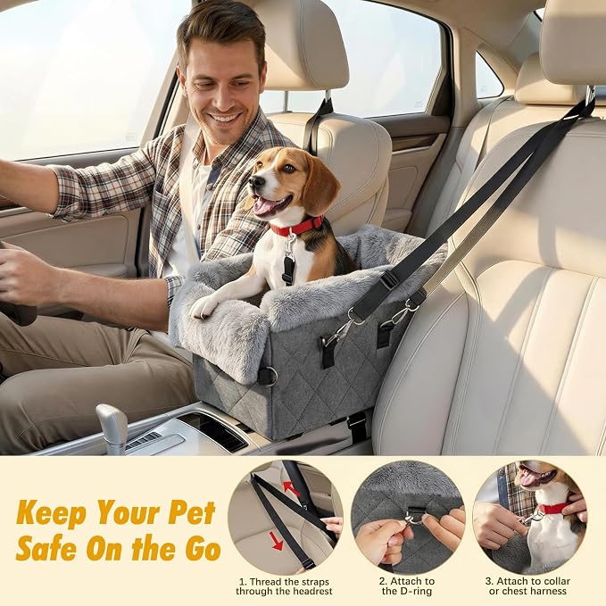 VavoPaw Center Console Dog Car Seat for Small Dogs&Cats Under 12 LBS | Puppy Car Seats with Non-Slip&Strong Support,Anti-Collapse Portable Pet Bed for Puppies with Soft Cushion Safety Belt,Gray