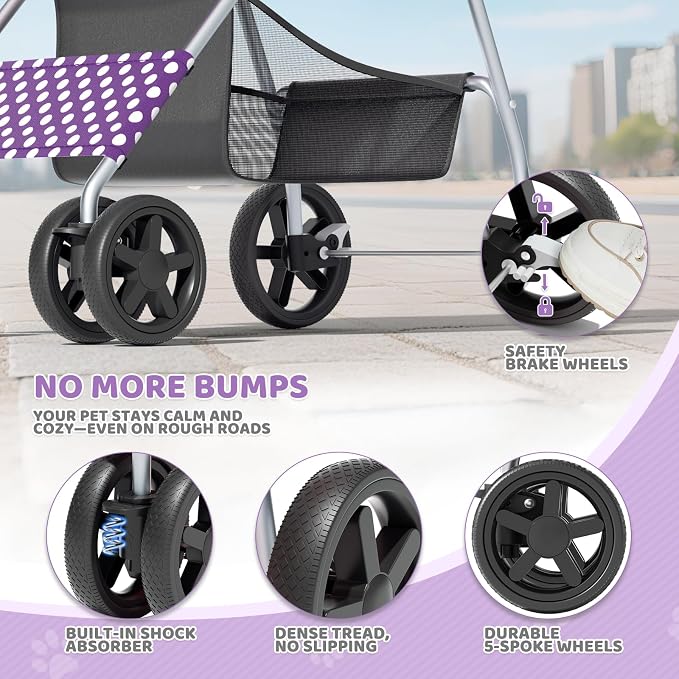 Magshion Foldable Pet Stroller, 3-in-1 Dog Travel Jogger with Detachable Carrier, Cup Holder, Storage Basket, Folding Carrier for Small/Medium Dogs & Cats Up to 33 lbs, Purple Polka Dots