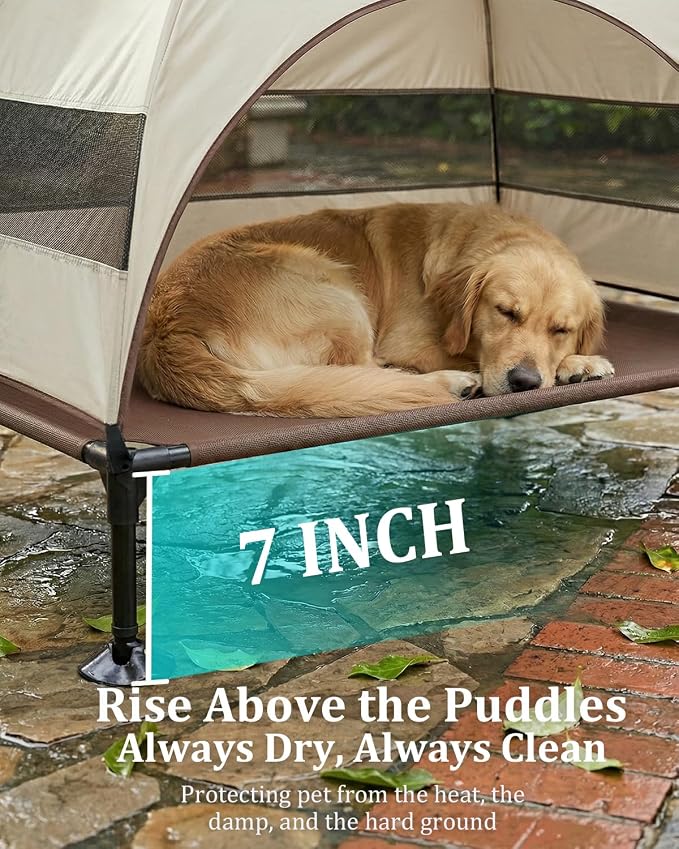 Elevated Dog Bed with Canopy - 3-Sided UV Protection Pet Tent with Wider Shade, Raised Cooling Outdoor Dog Cot with Breathable Mesh for Medium Large Dogs, Portable Bed for Camping, Patio (Khaki, L)