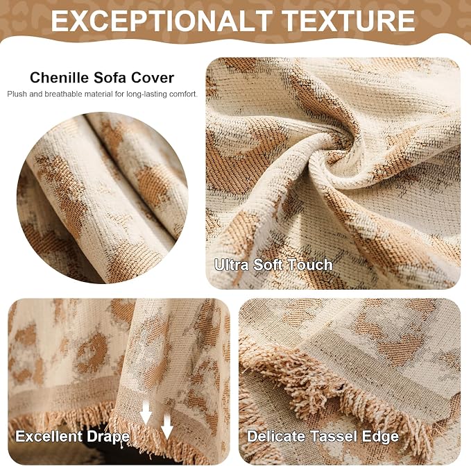VClife Boho Couch Cover, Vintage Khaki Leopard Print Sofa Cover for Pet, 1 Piece Washable Durable Loveseat Cover, Modern Versatile Furniture Protector for Bedroom Living Room, 71''x118''